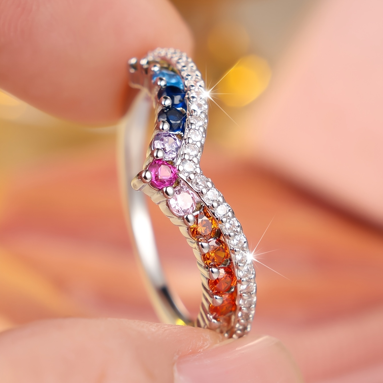 Women's Luxurious Multicolor Round Synthetic Zirconia Ring